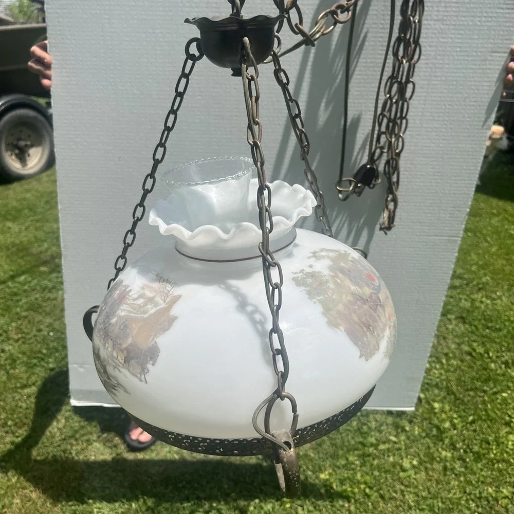 Vtg Aladdin Electric Milk Glass Library Hanging Lamp Chandelier 10